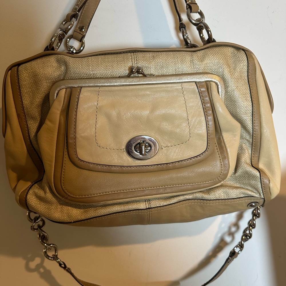 Coach Bonnie Natural Straw Ashley Beige Leather LG Handbag Tote Bag Satchel